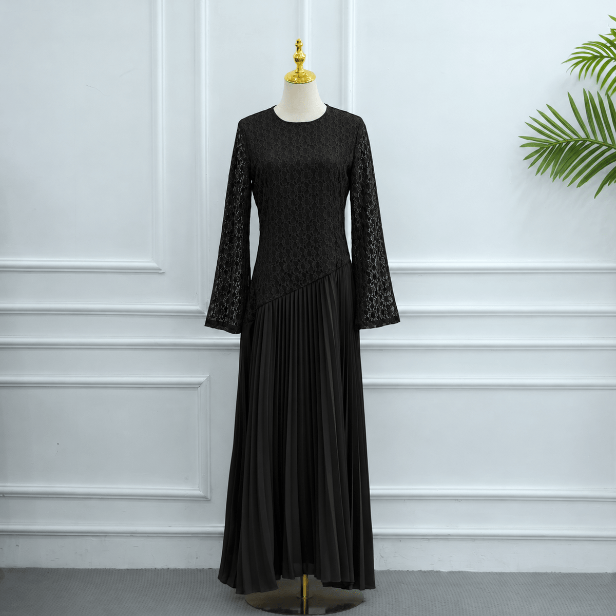 Lace Chiffon-Effect Pleated Maxi Dress | Lined Long-Sleeve Occasion Dress(MS574) - Mariam's Collection