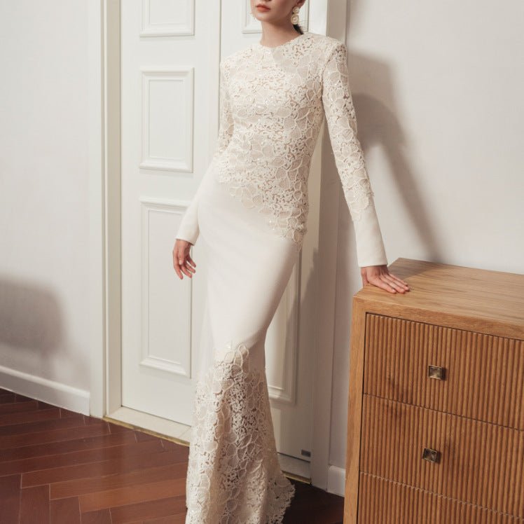 Lace Embroidered Mermaid Gown | Vintage Elegant Fishtail Maxi Dress (MS215) - Mariam's Collection