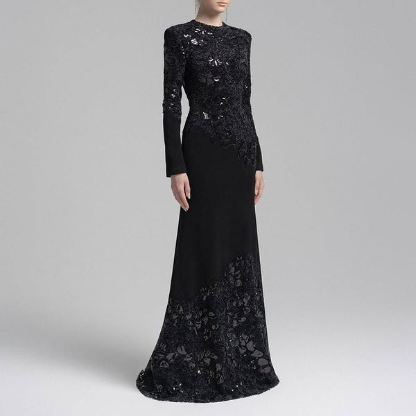 lace fishtail maxi dress De La Vali Nephele Lace Flutter-Sleeve Fishtail Maxi Dress