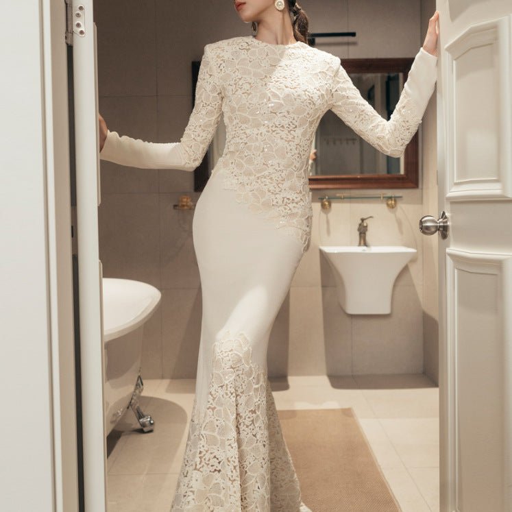 Lace Embroidered Mermaid Gown | Vintage Elegant Fishtail Maxi Dress (MS215) - Mariam's Collection