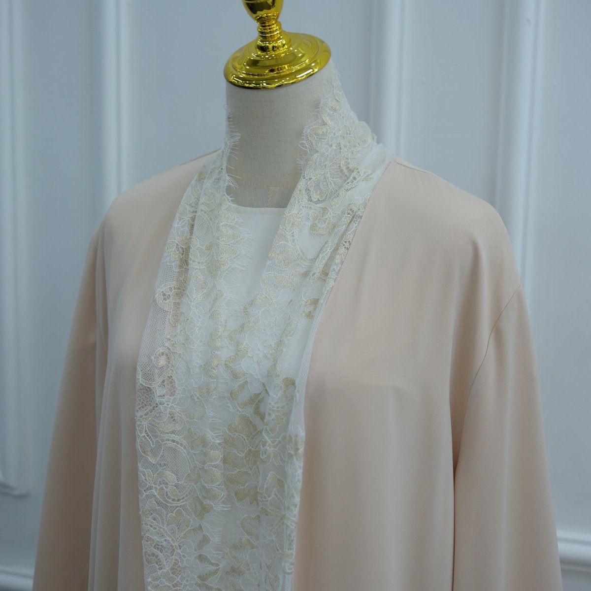 Lace-Panel Flared-Sleeve Open Abaya with Pockets(MOA332) - Mariam's Collection