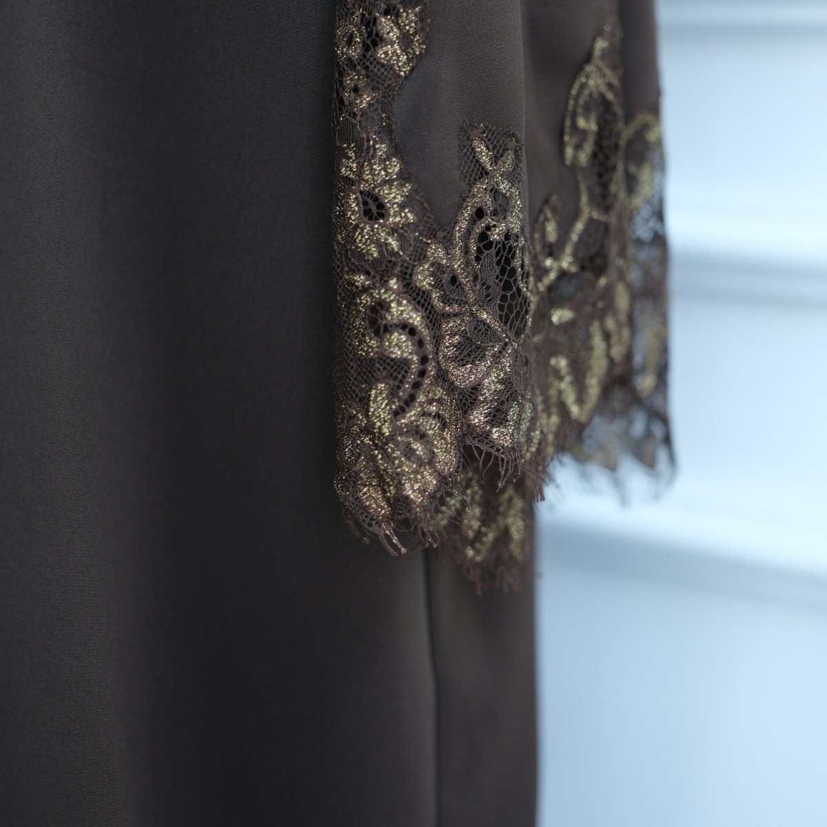 Lace-Panel Flared-Sleeve Open Abaya with Pockets(MOA332) - Mariam's Collection