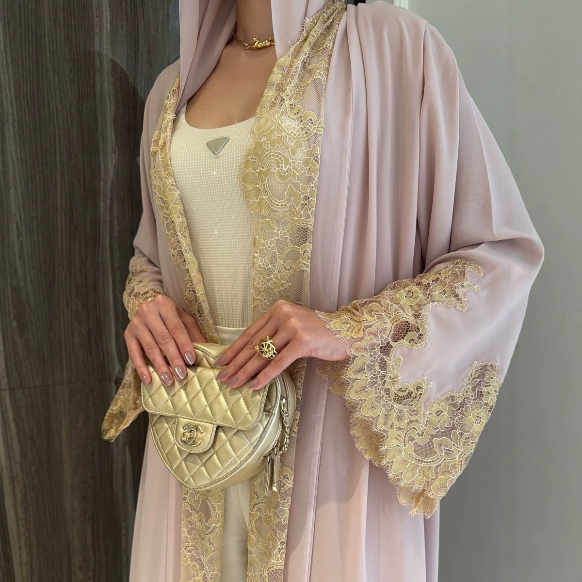 Lace-Panel Flared-Sleeve Open Abaya with Pockets(MOA332) - Mariam's Collection
