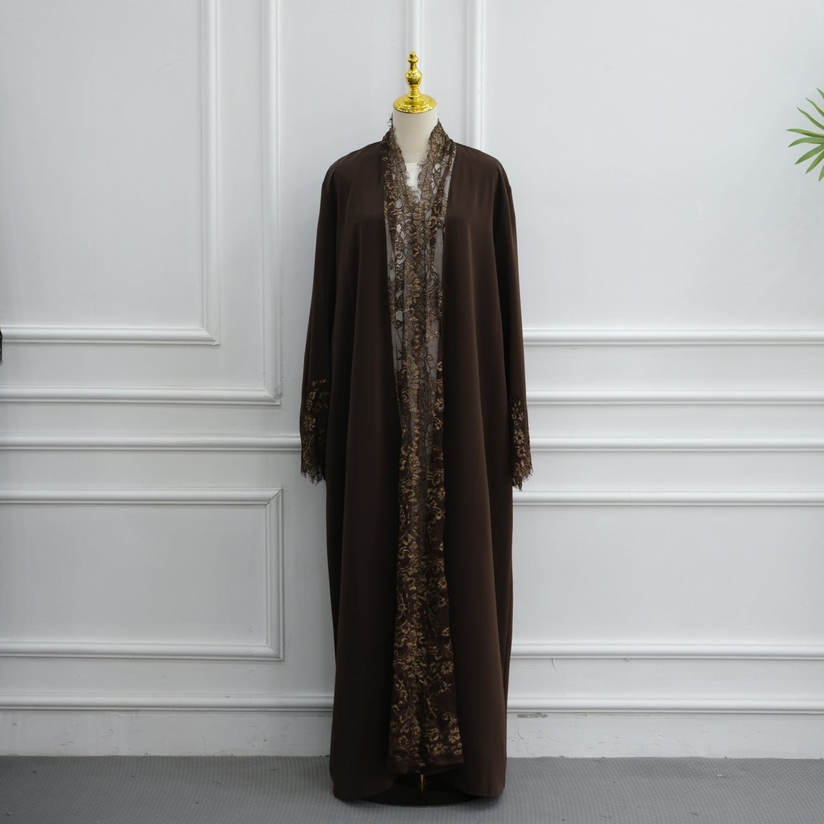 Lace-Panel Flared-Sleeve Open Abaya with Pockets(MOA332) - Mariam's Collection