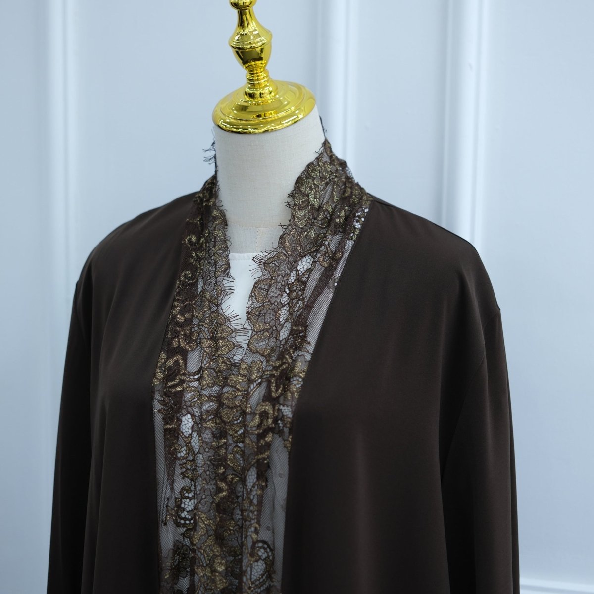 Lace-Panel Flared-Sleeve Open Abaya with Pockets(MOA332) - Mariam's Collection