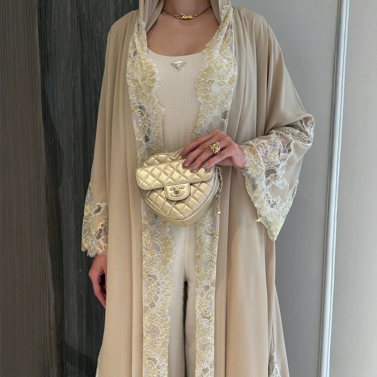 Lace-Panel Flared-Sleeve Open Abaya with Pockets(MOA332) - Mariam's Collection