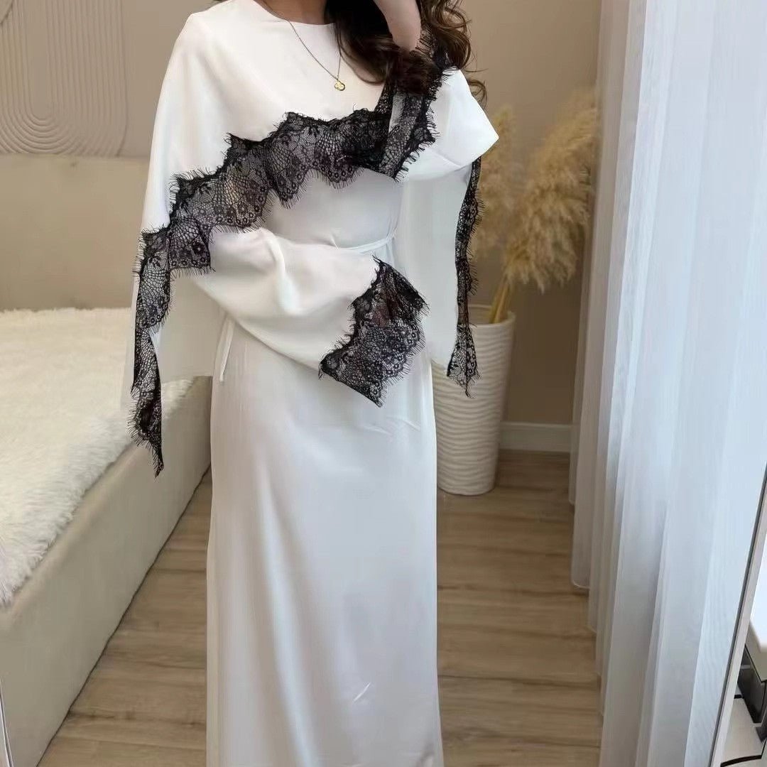 Lace Splice Satin Maxi Dress with Fixed Cape(MS438) - Mariam's Collection