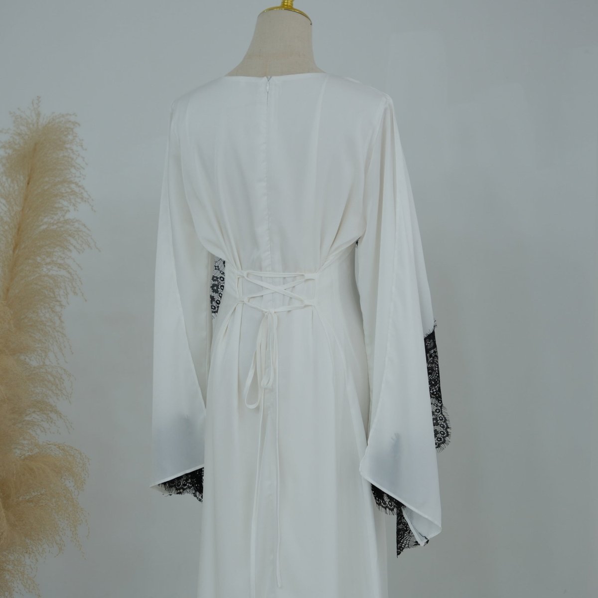 Lace Splice Satin Maxi Dress with Fixed Cape(MS438) - Mariam's Collection