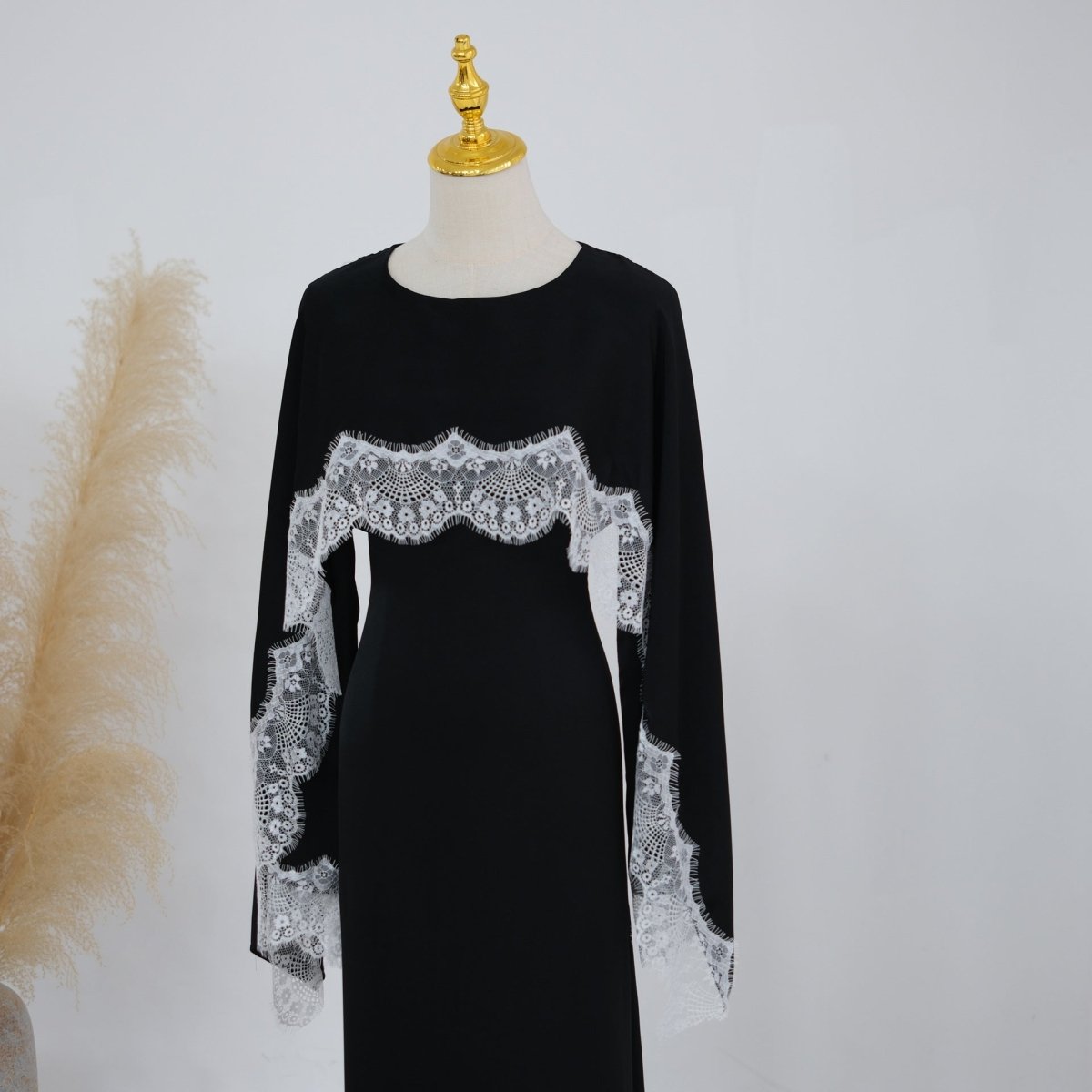 Lace Splice Satin Maxi Dress with Fixed Cape(MS438) - Mariam's Collection