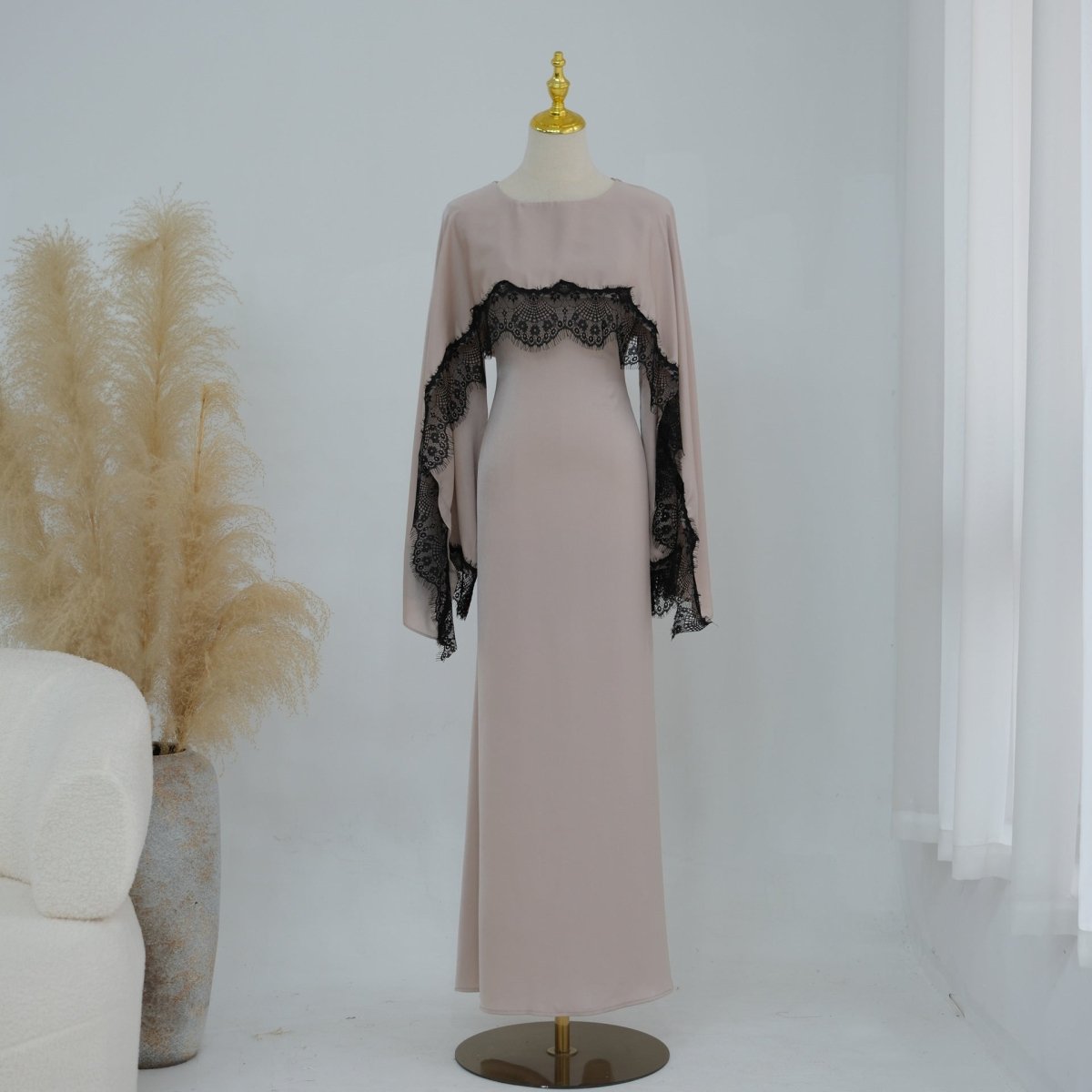 Lace Splice Satin Maxi Dress with Fixed Cape(MS438) - Mariam's Collection