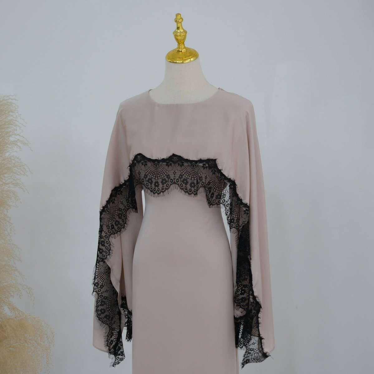 Lace Splice Satin Maxi Dress with Fixed Cape(MS438) - Mariam's Collection