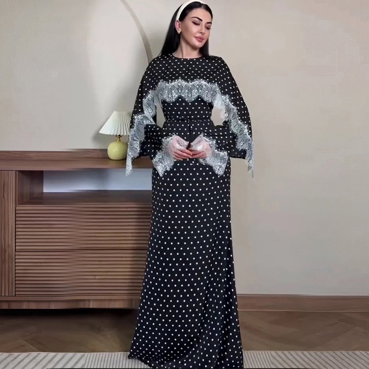 Lace Splice Satin Maxi Dress with Fixed Cape(MS438) - Mariam's Collection