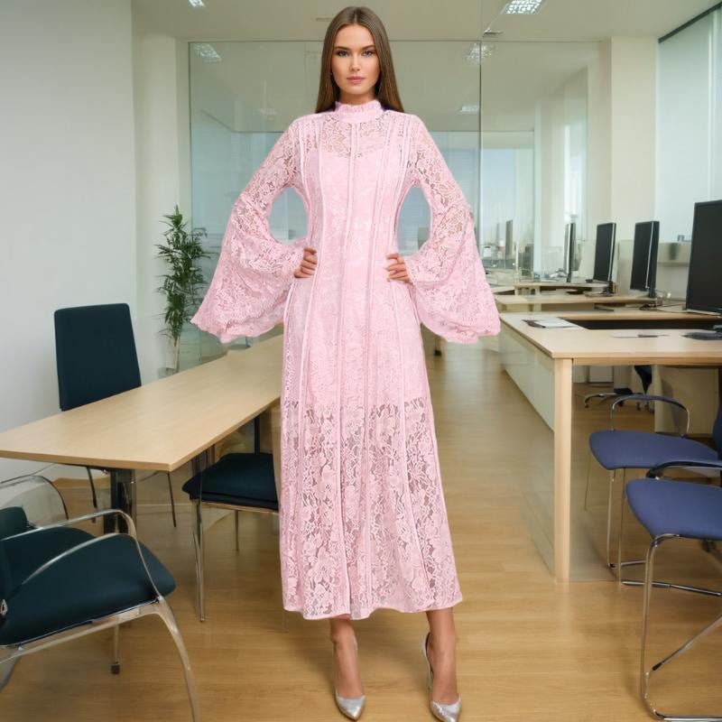 Lace Stand Collar Bell Sleeve Maxi Dress(MS395) - Mariam's Collection