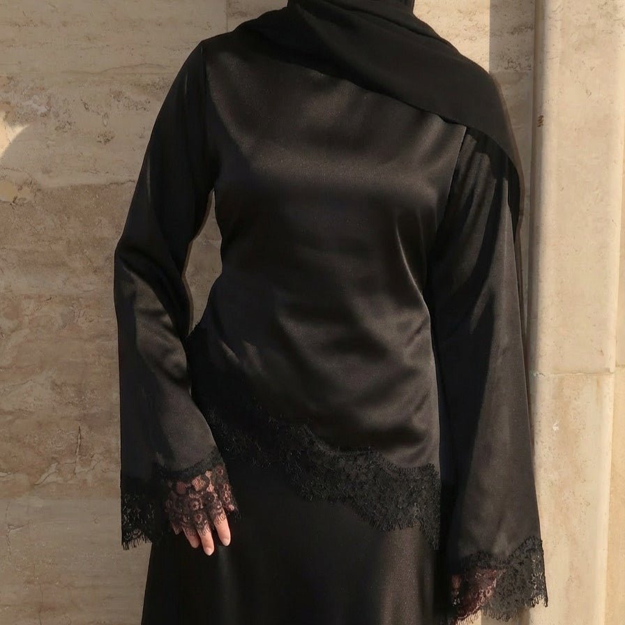 Lace Trim Contrast Panel Satin Top(MS407) - Mariam's Collection