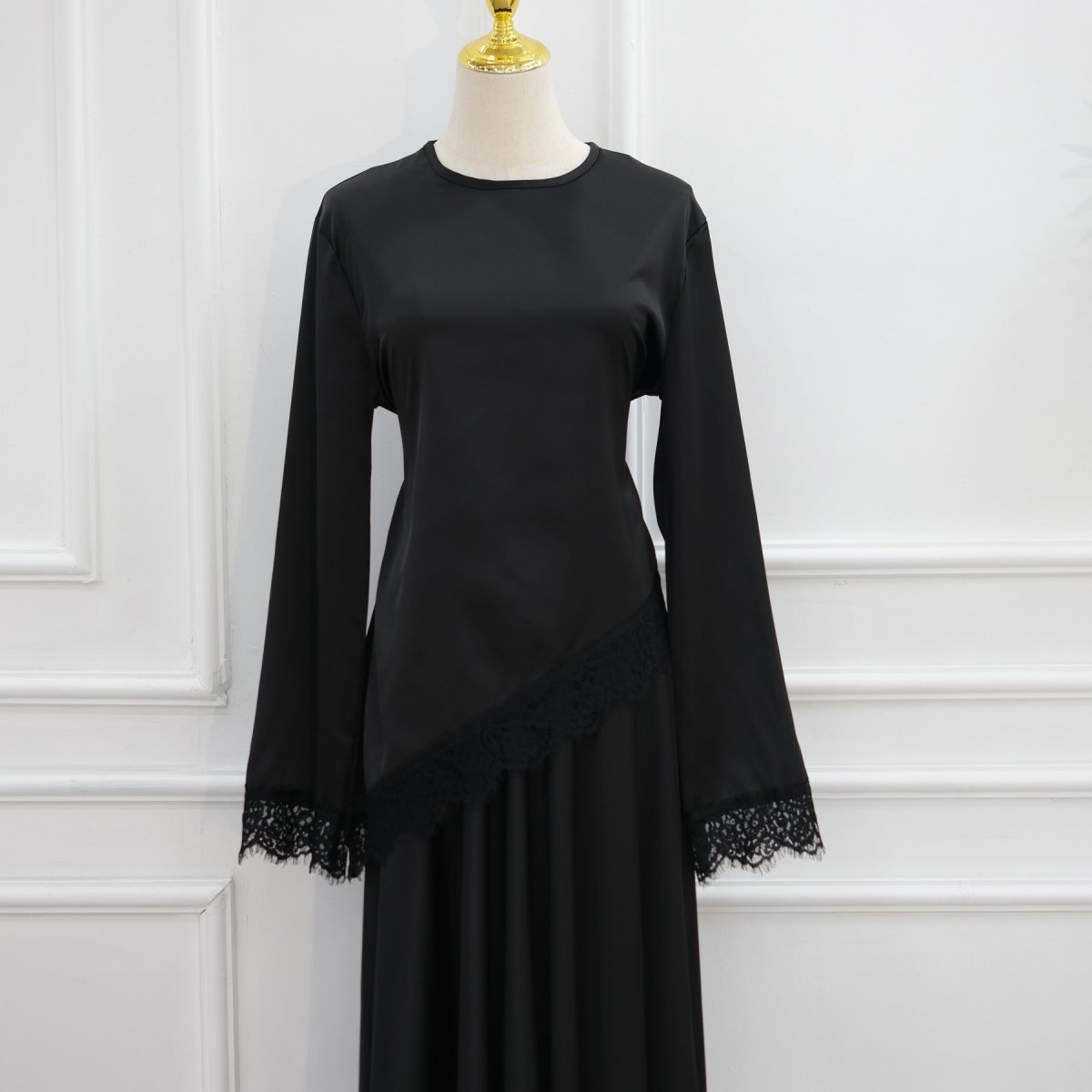 Lace Trim Contrast Panel Satin Top(MS407) - Mariam's Collection