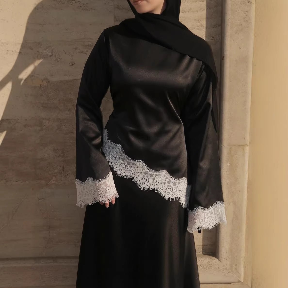 Lace Trim Contrast Panel Satin Top(MS407) - Mariam's Collection