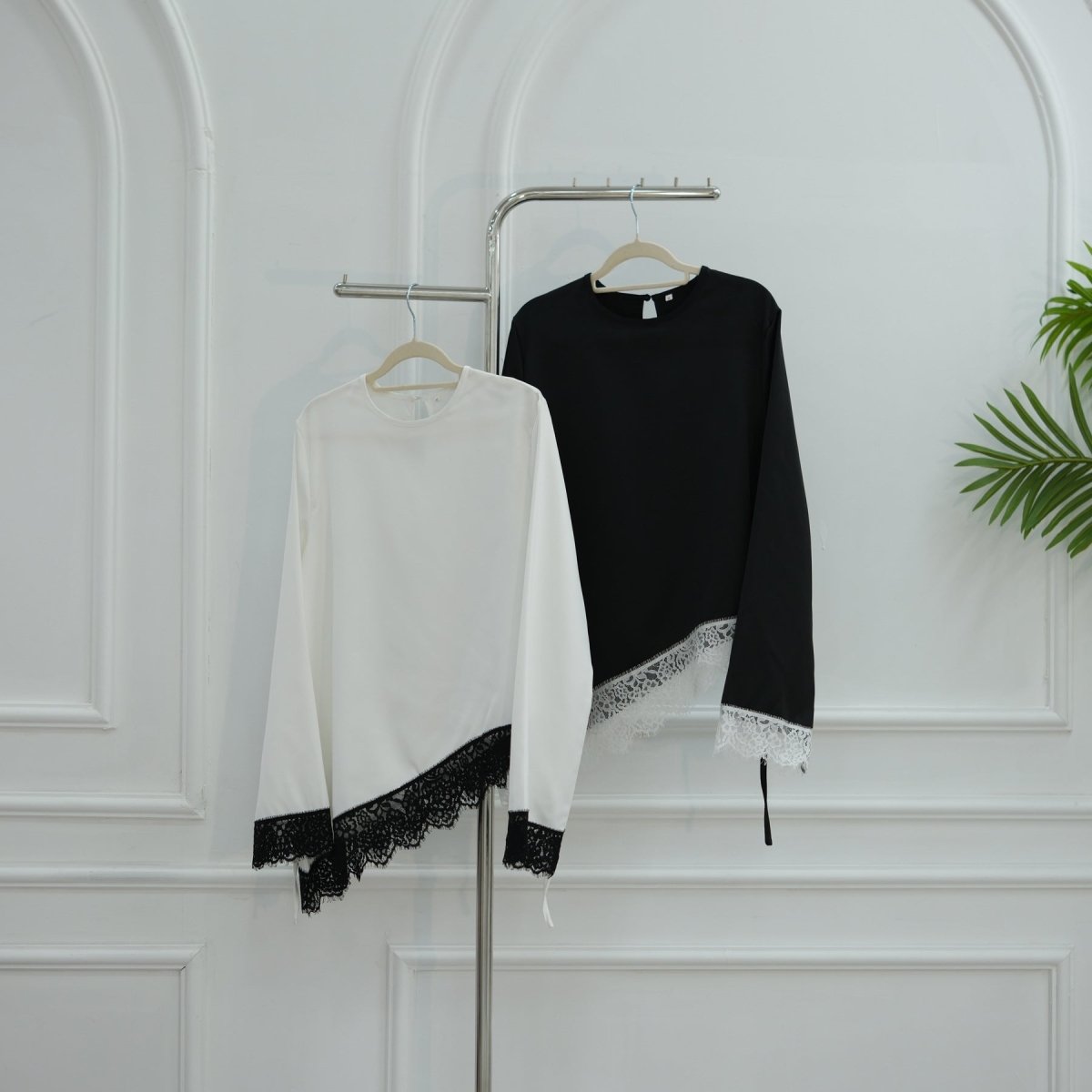 Lace Trim Contrast Panel Satin Top(MS407) - Mariam's Collection