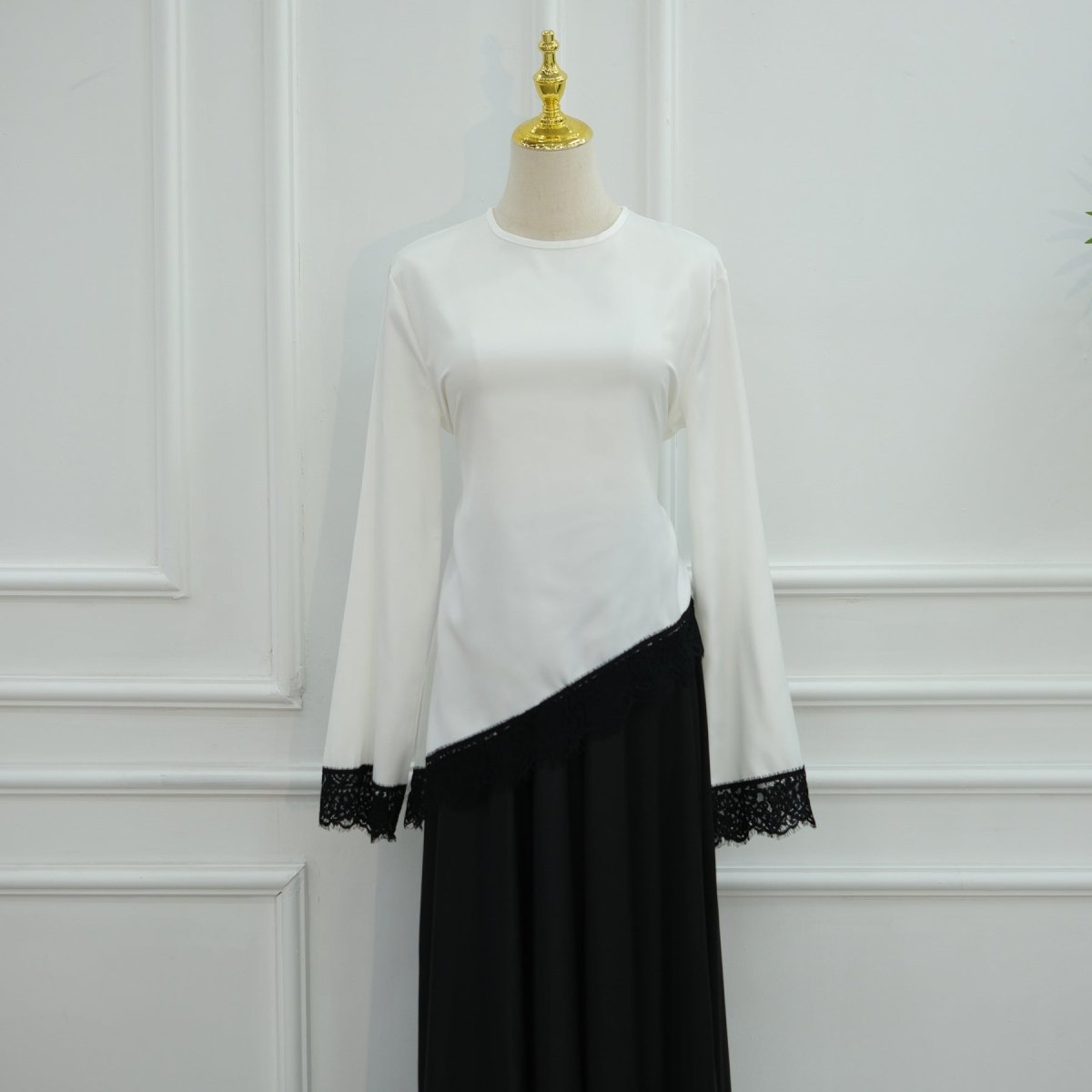 Lace Trim Contrast Panel Satin Top(MS407) - Mariam's Collection
