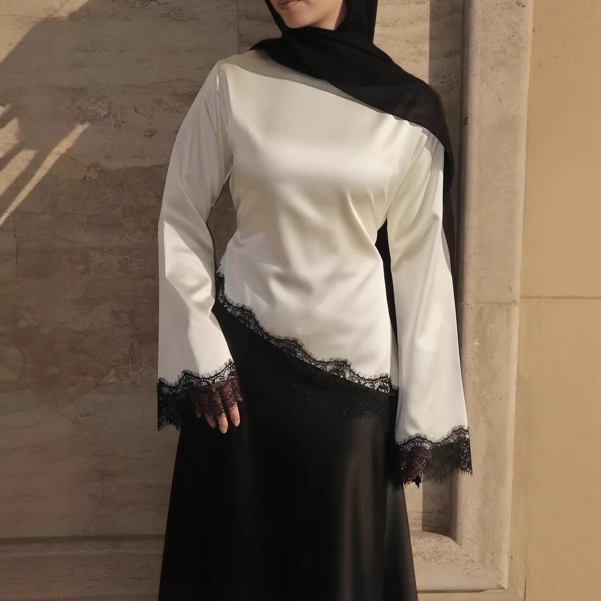 Lace Trim Contrast Panel Satin Top(MS407) - Mariam's Collection
