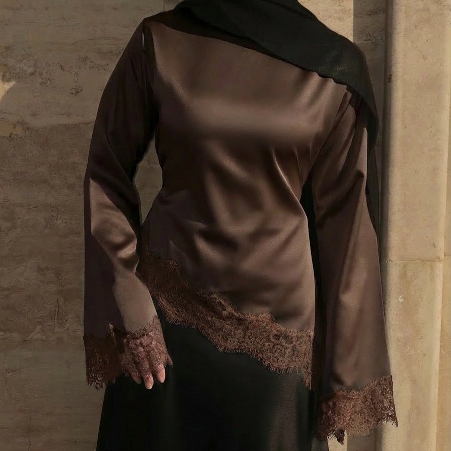 Lace Trim Contrast Panel Satin Top(MS407) - Mariam's Collection