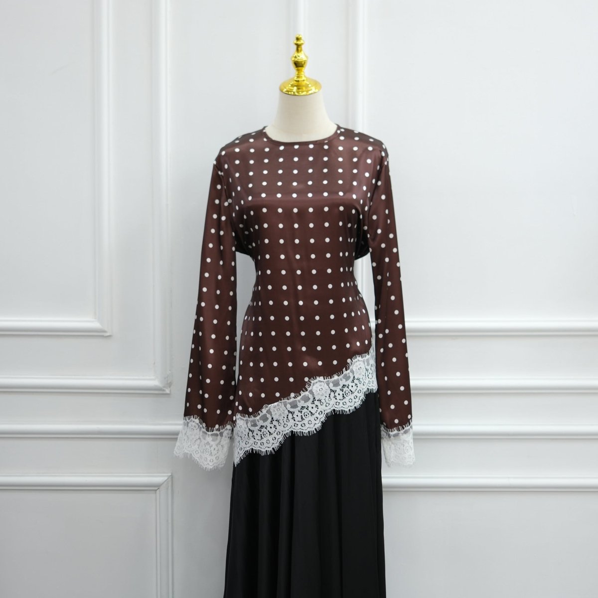 Lace Trim Contrast Panel Satin Top(MS407) - Mariam's Collection