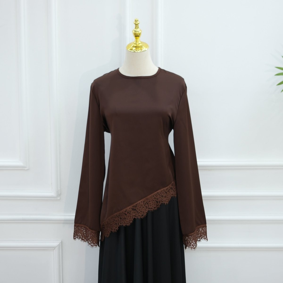 Lace Trim Contrast Panel Satin Top(MS407) - Mariam's Collection