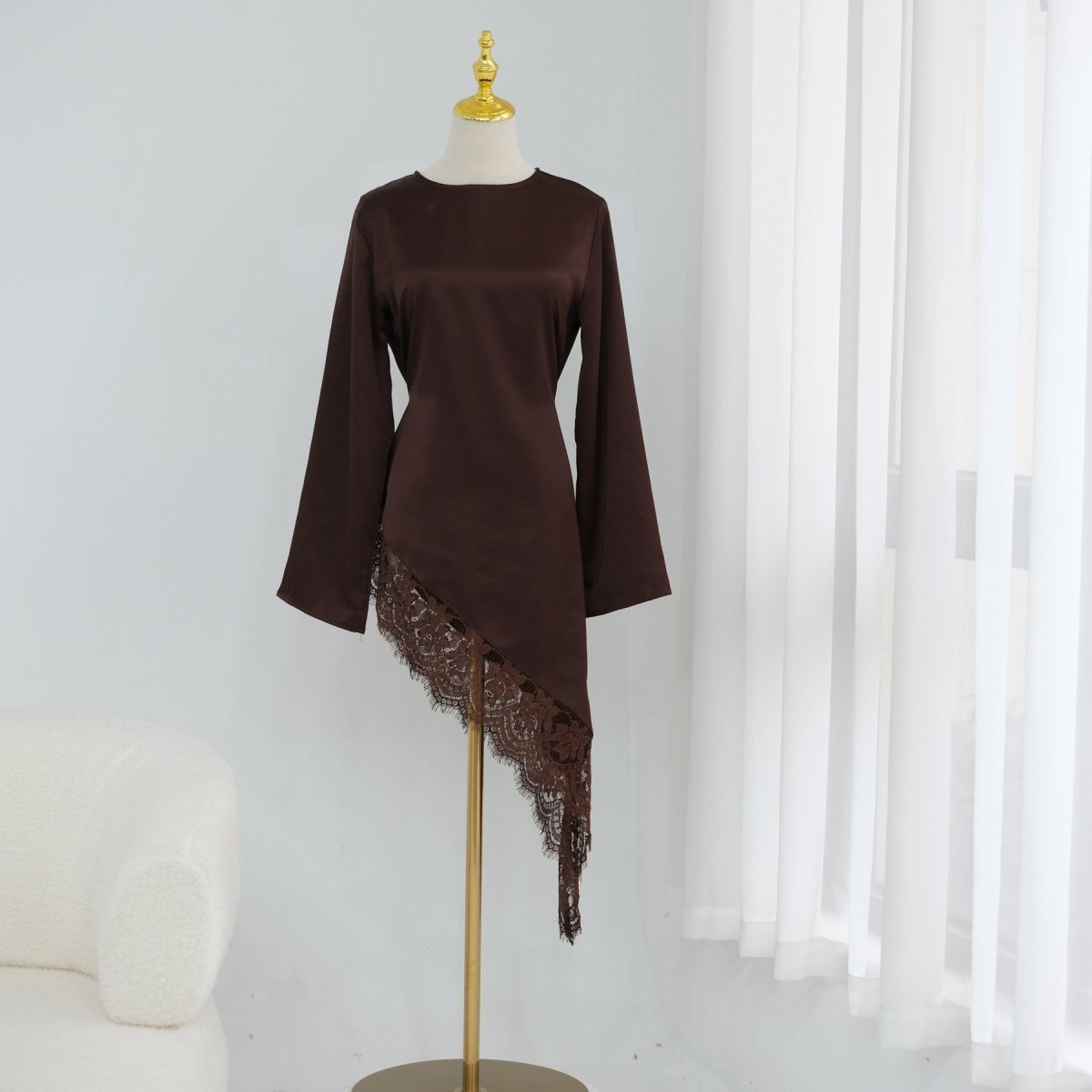 Lace Trim Contrast Panel Satin Top(MS408) - Mariam's Collection