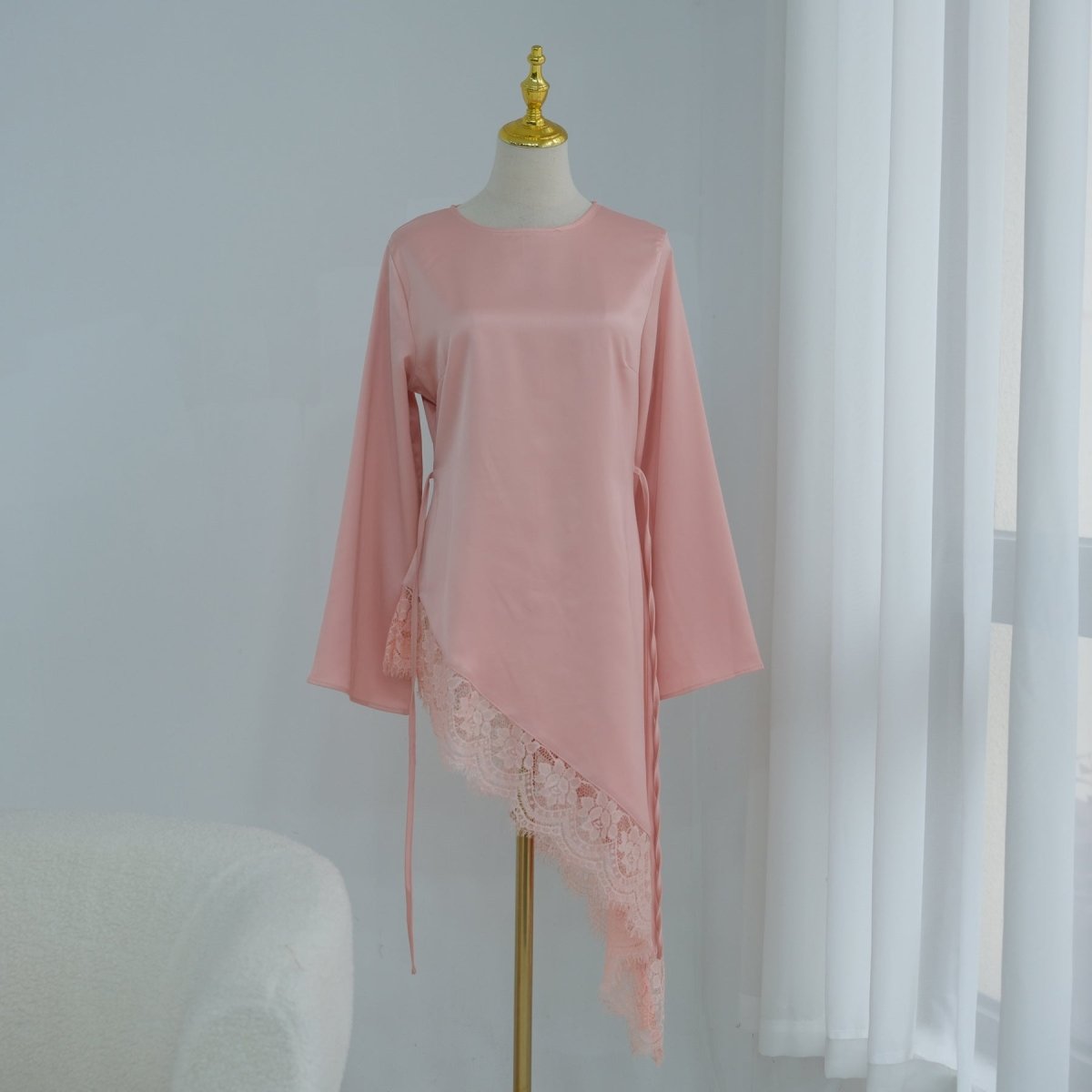 Lace Trim Contrast Panel Satin Top(MS408) - Mariam's Collection