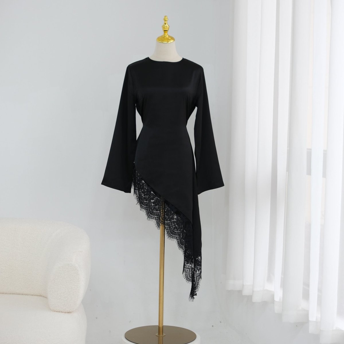 Lace Trim Contrast Panel Satin Top(MS408) - Mariam's Collection