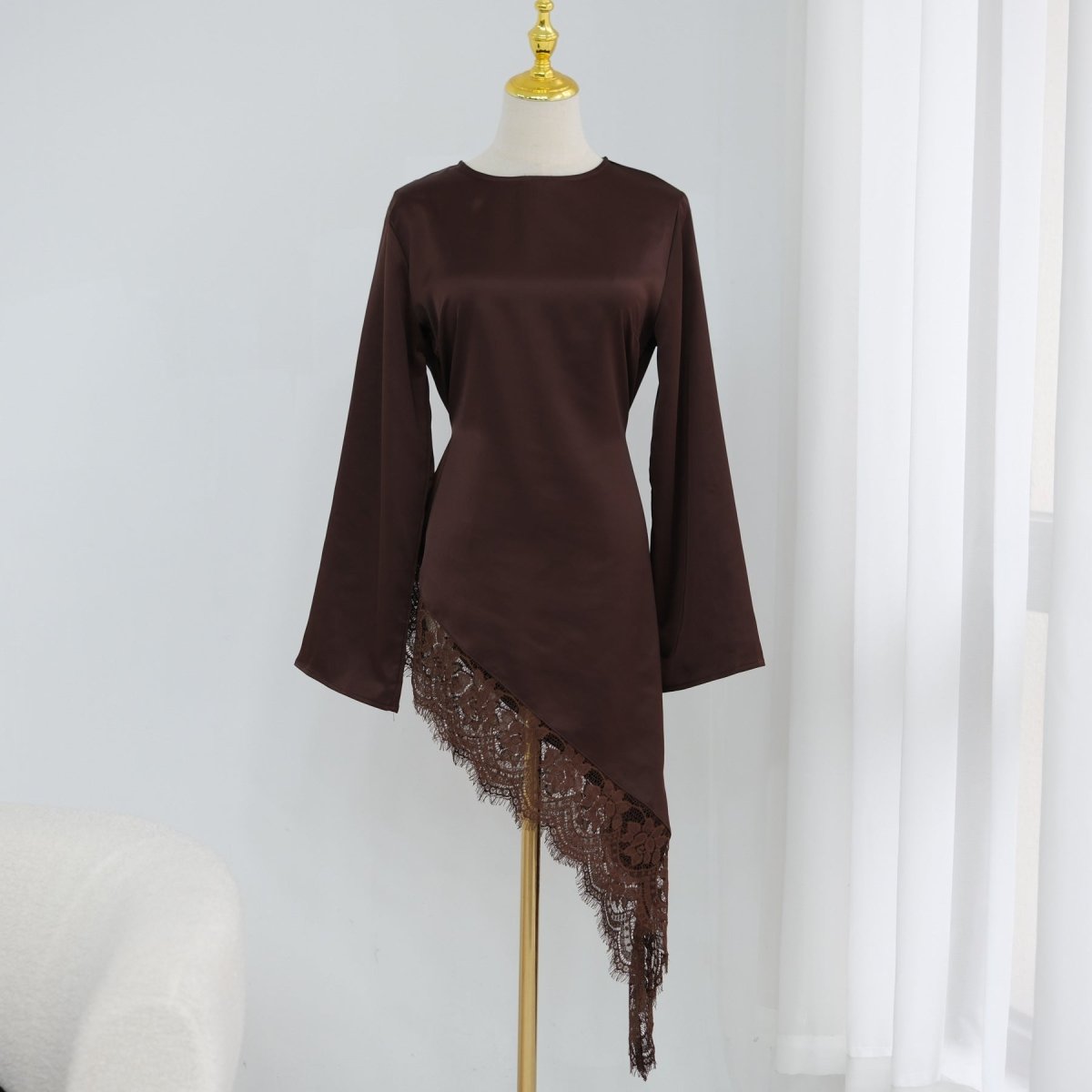 Lace Trim Contrast Panel Satin Top(MS408) - Mariam's Collection