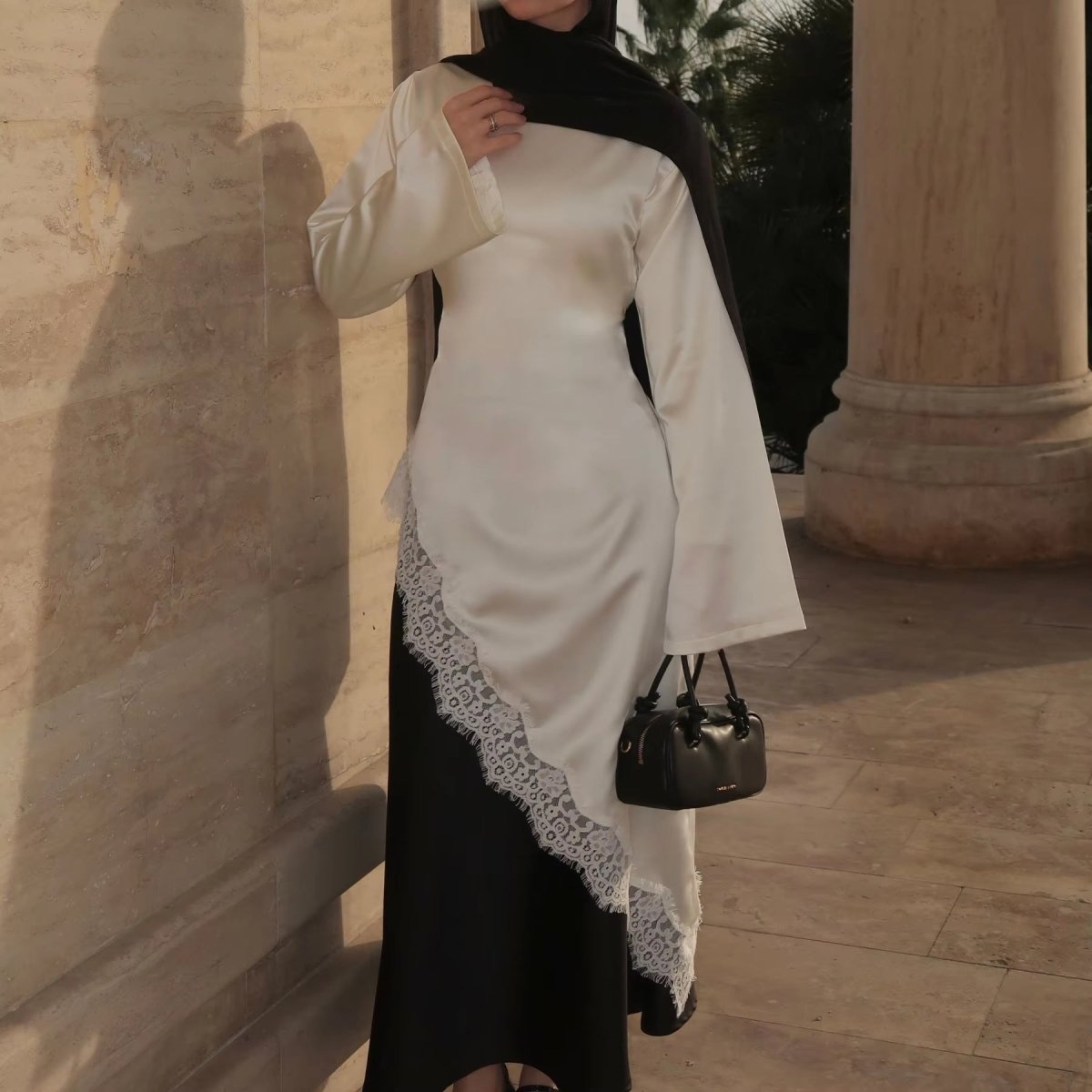 Lace Trim Contrast Panel Satin Top(MS408) - Mariam's Collection