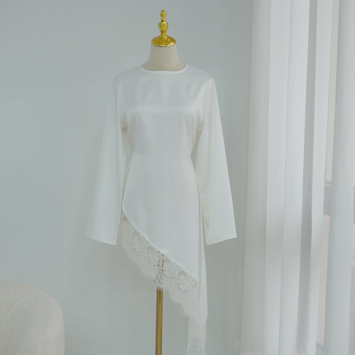Lace Trim Contrast Panel Satin Top(MS408) - Mariam's Collection