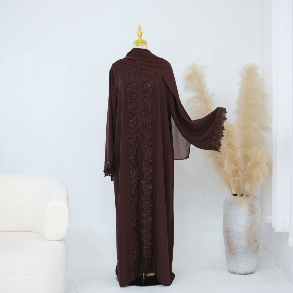 Lace-Trim Nida 3-Piece Abaya Set(MOA330) - Mariam's Collection
