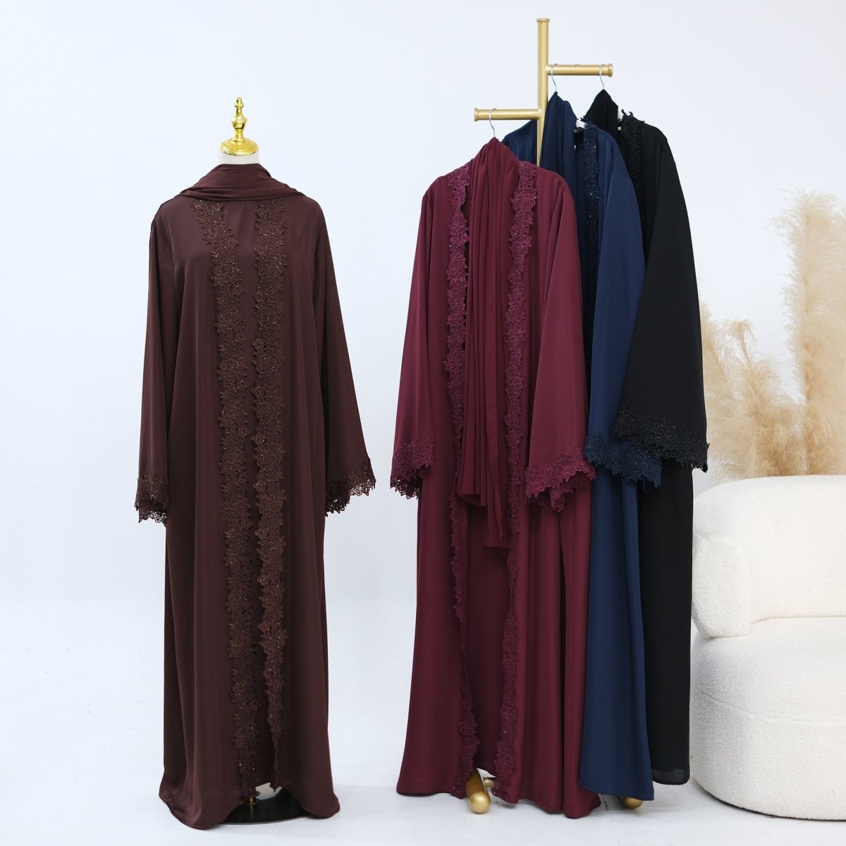 Lace-Trim Nida 3-Piece Abaya Set(MOA330) - Mariam's Collection