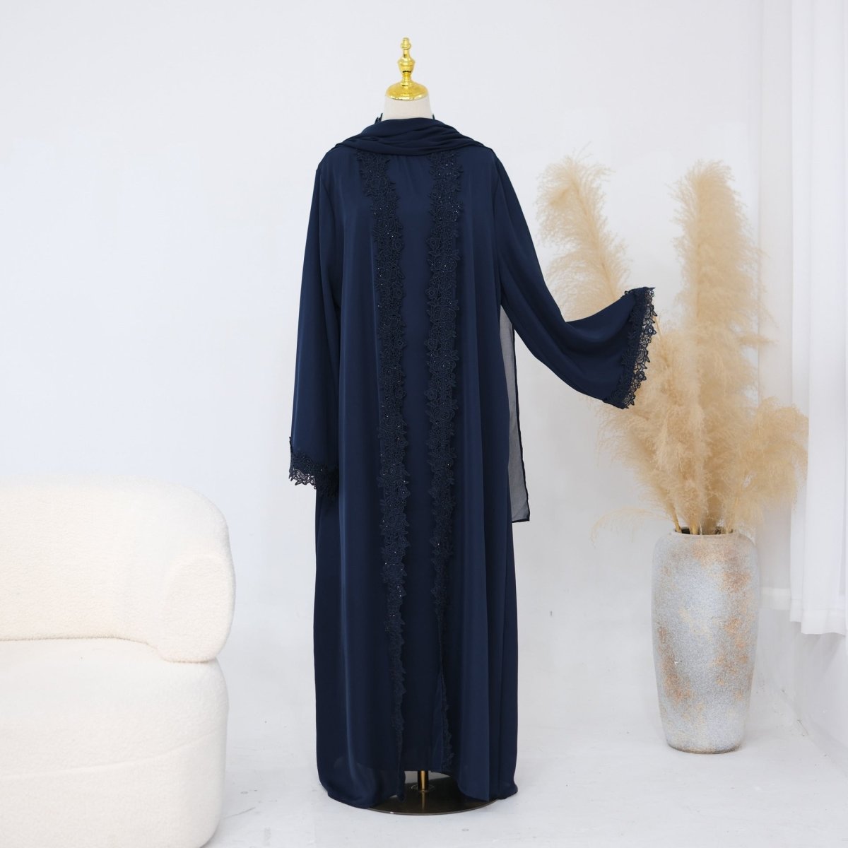 Lace-Trim Nida 3-Piece Abaya Set(MOA330) - Mariam's Collection