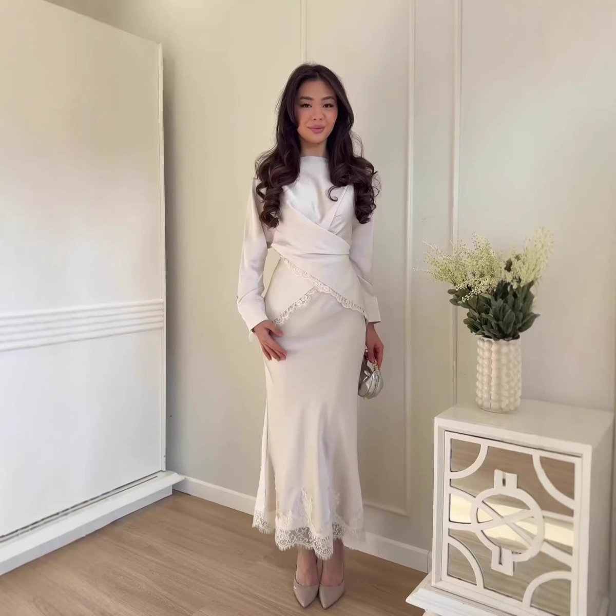 Lace Trim Wrap Top & Maxi Skirt Set(MS390) - Mariam's Collection