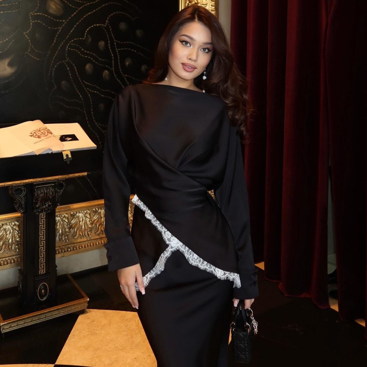 Lace Trim Wrap Top & Maxi Skirt Set(MS390) - Mariam's Collection