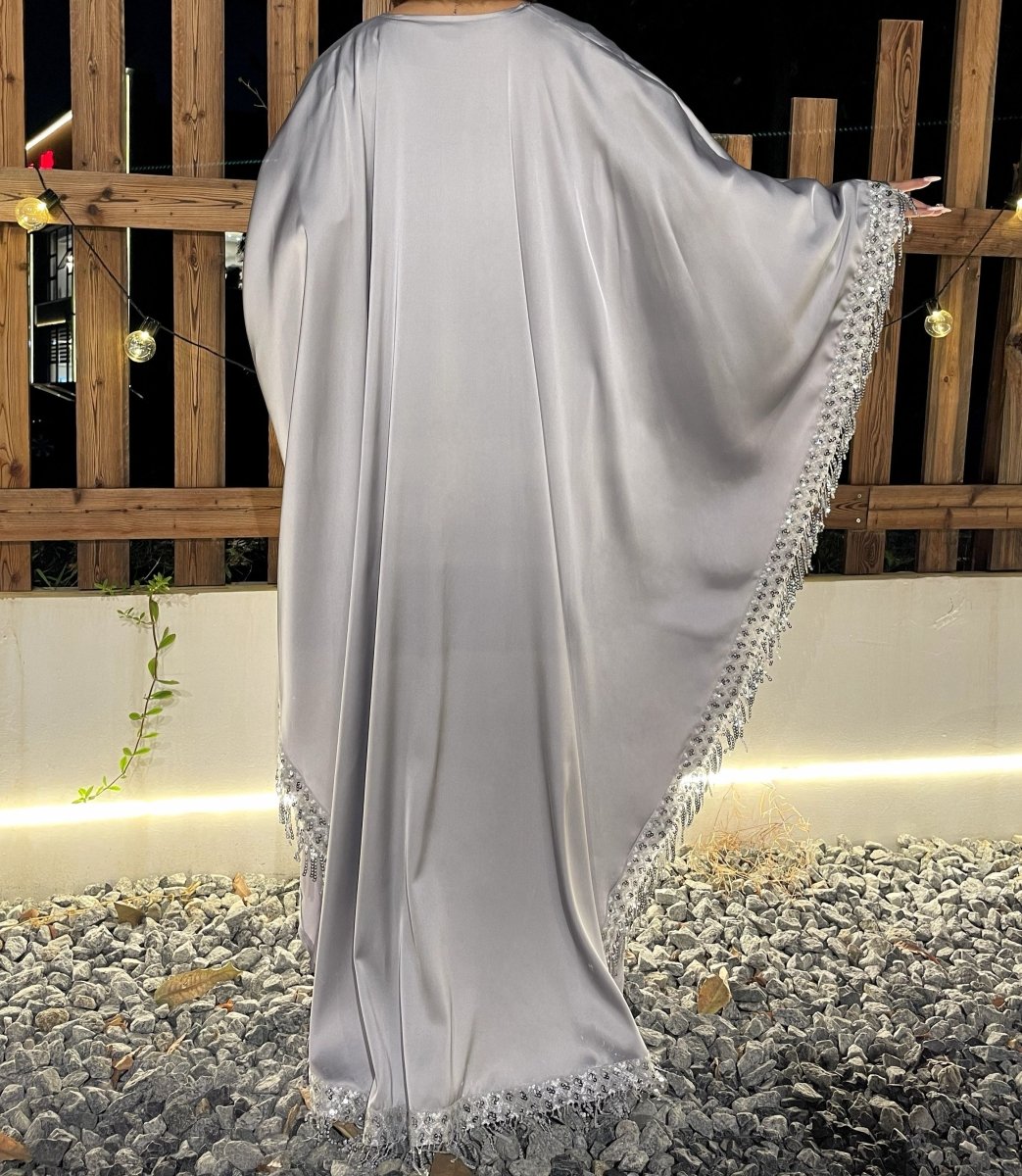 Lace Trimmed Fringed Butterfly Satin Open Abaya 2 - Piece Set (MOA114) - Mariam's Collection