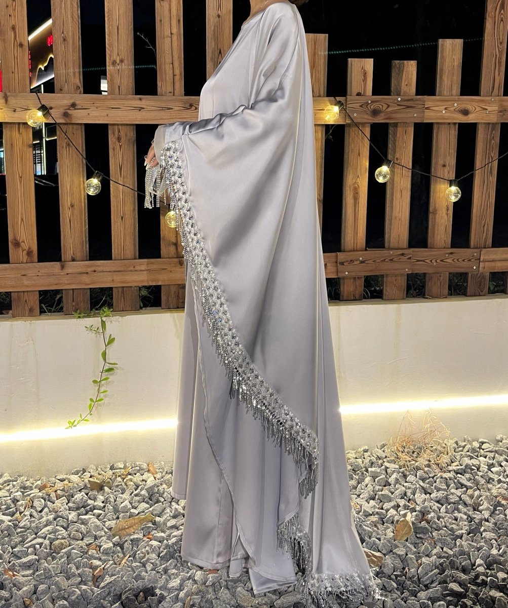 Lace Trimmed Fringed Butterfly Satin Open Abaya 2 - Piece Set (MOA114) - Mariam's Collection