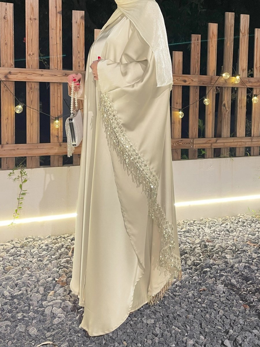 Lace Trimmed Fringed Butterfly Satin Open Abaya 2 - Piece Set (MOA114) - Mariam's Collection