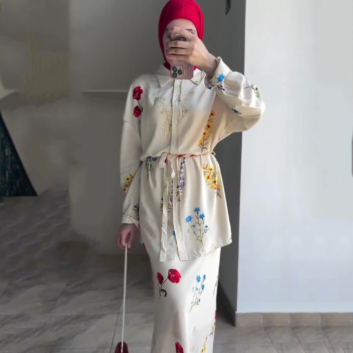 Lace - Up Thin Fashion Flower Print Dress Set.(MS082) - Mariam's Collection