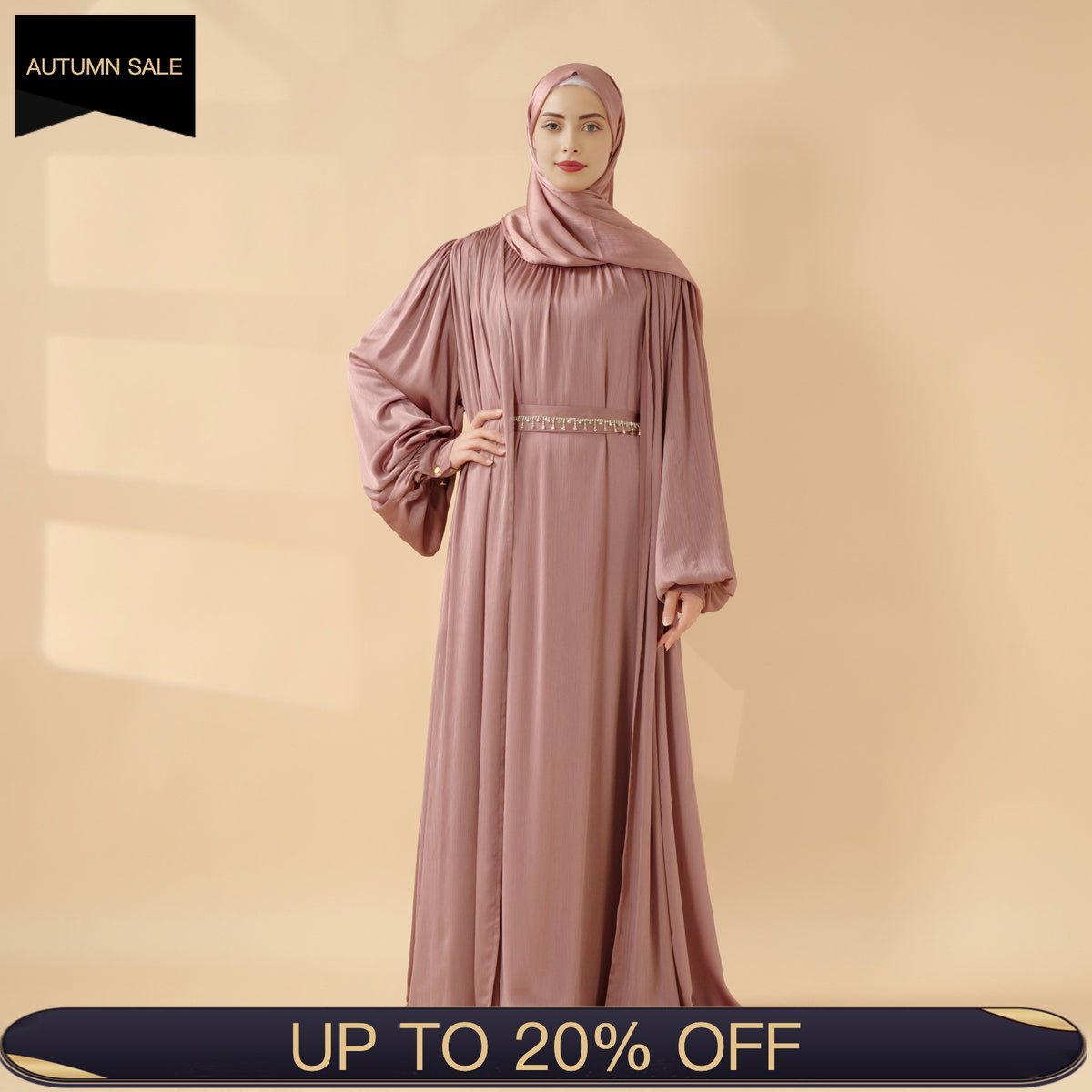 Lantern Sleeve Abaya, 4 - Piece Set Large Pleated Sleeves Abaya (MOA084) - Mariam's Collection