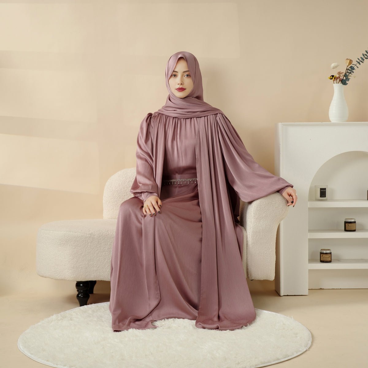 Lantern Sleeve Abaya, 4 - Piece Set Large Pleated Sleeves Abaya (MOA084) - Mariam's Collection