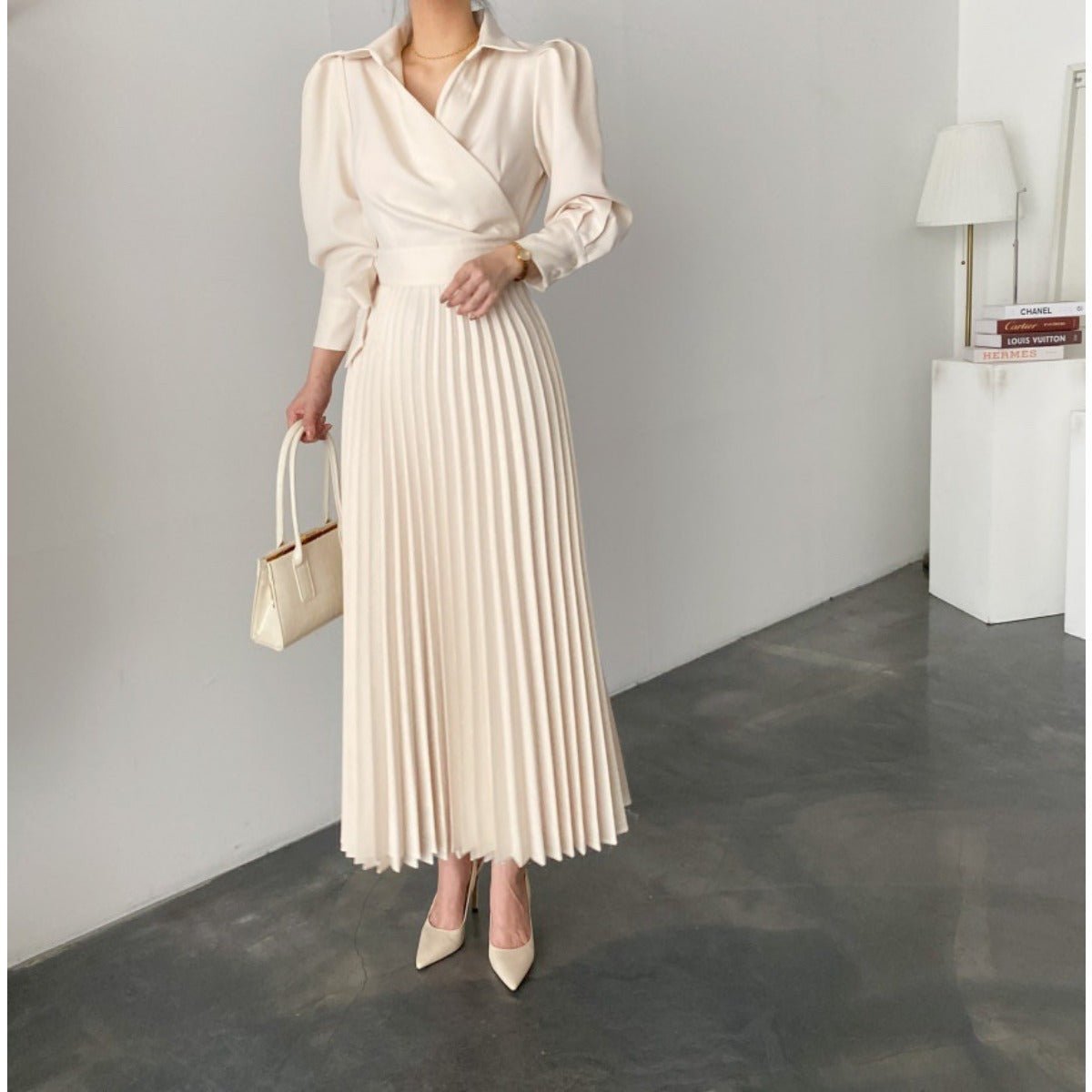 Lapel Bow Tie Waist Dress | Skinny Bubble Sleeve Pleated Midi Dress. (MA240) - Mariam's Collection
