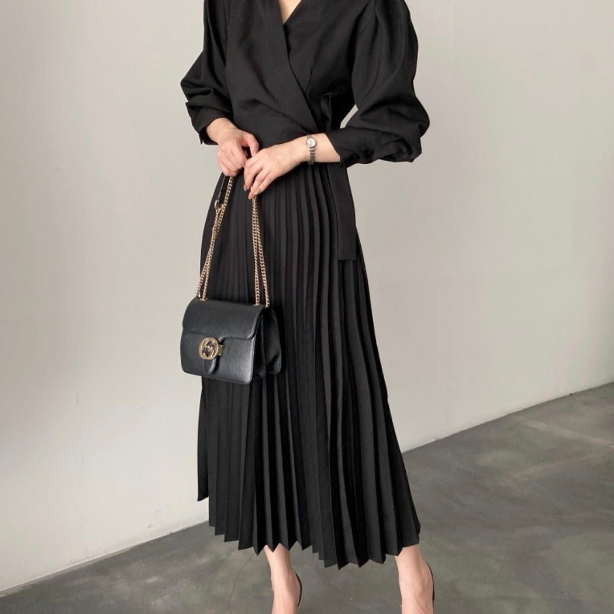 Lapel Bow Tie Waist Dress | Skinny Bubble Sleeve Pleated Midi Dress. (MA240) - Mariam's Collection