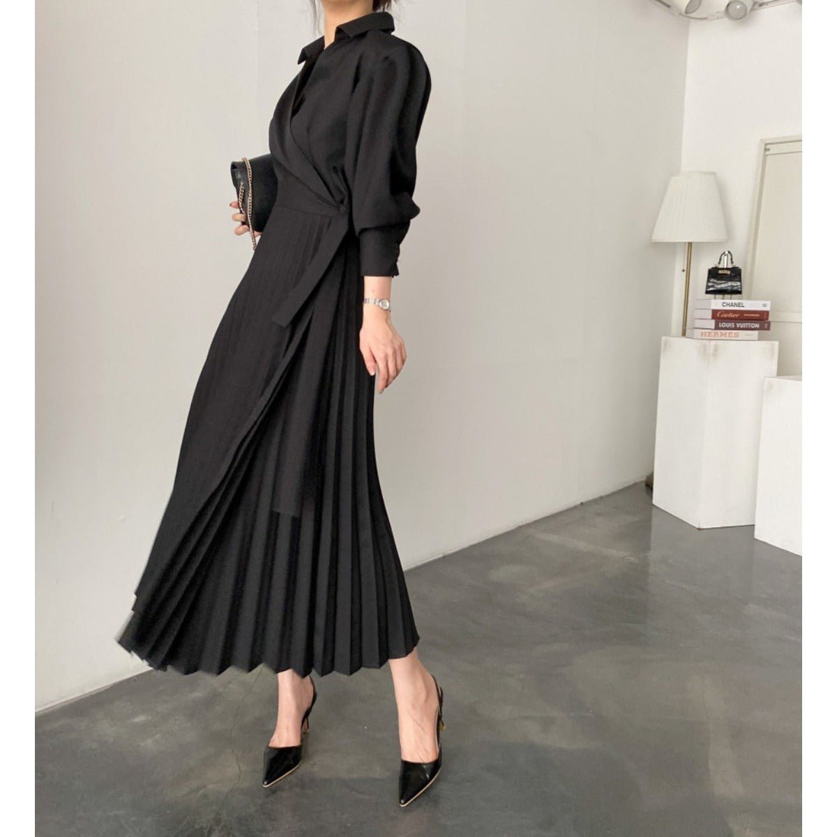 Lapel Bow Tie Waist Dress | Skinny Bubble Sleeve Pleated Midi Dress. (MA240) - Mariam's Collection