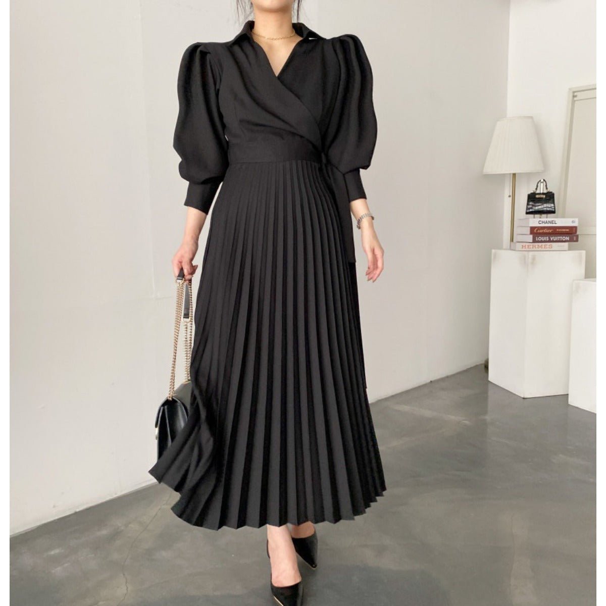 Lapel Bow Tie Waist Dress | Skinny Bubble Sleeve Pleated Midi Dress. (MA240) - Mariam's Collection