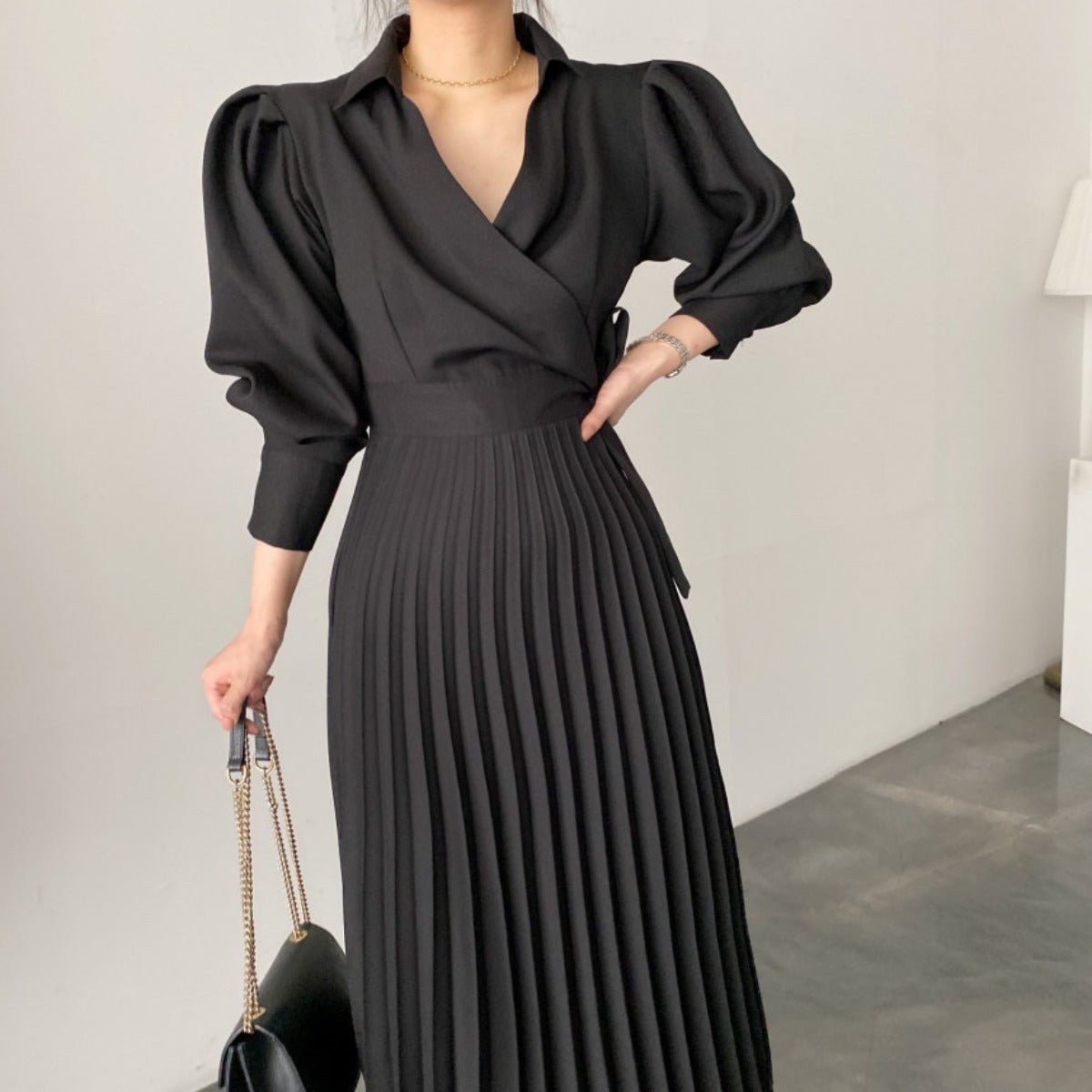 Lapel Bow Tie Waist Dress | Skinny Bubble Sleeve Pleated Midi Dress. (MA240) - Mariam's Collection