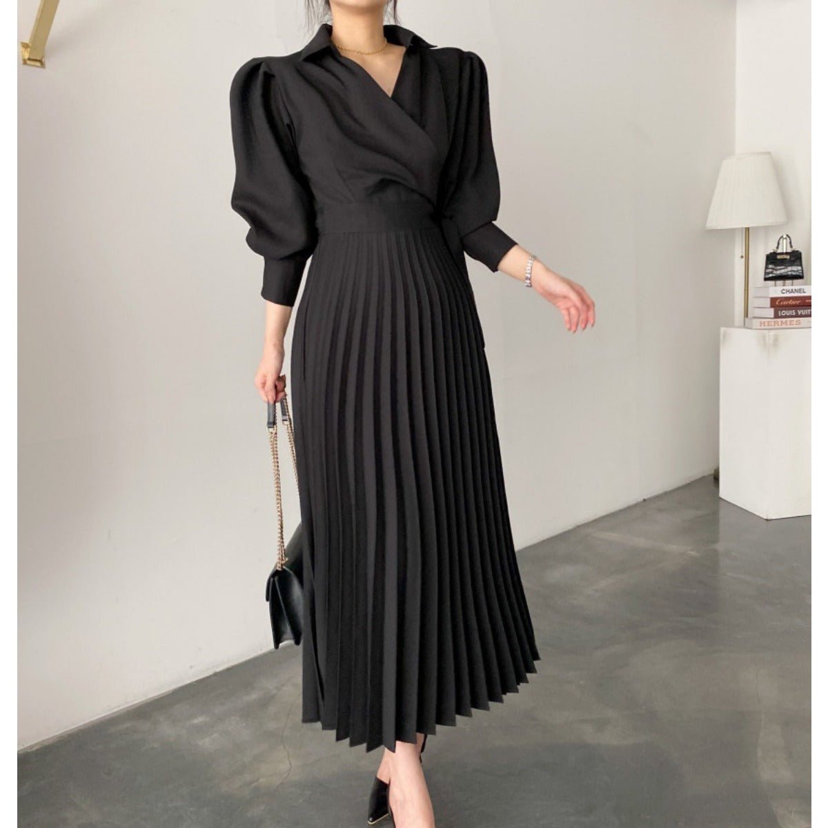 Lapel Bow Tie Waist Dress | Skinny Bubble Sleeve Pleated Midi Dress. (MA240) - Mariam's Collection