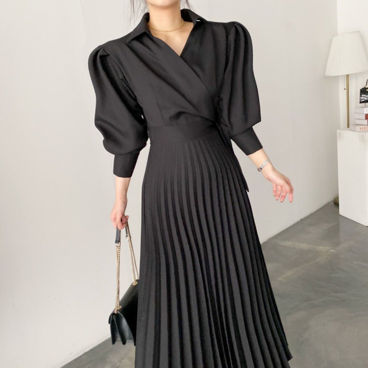 Lapel Bow Tie Waist Dress | Skinny Bubble Sleeve Pleated Midi Dress. (MA240) - Mariam's Collection